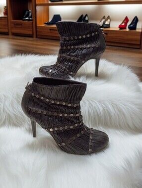 Daniele Michetti Black Leather Silver Studded Ruched Ankle Booties - 39